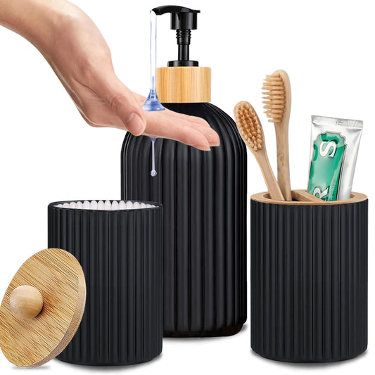 Modern Bathroom Countertop Organizer – Soap Dispenser, Cotton Storage & Toothbrush Holder