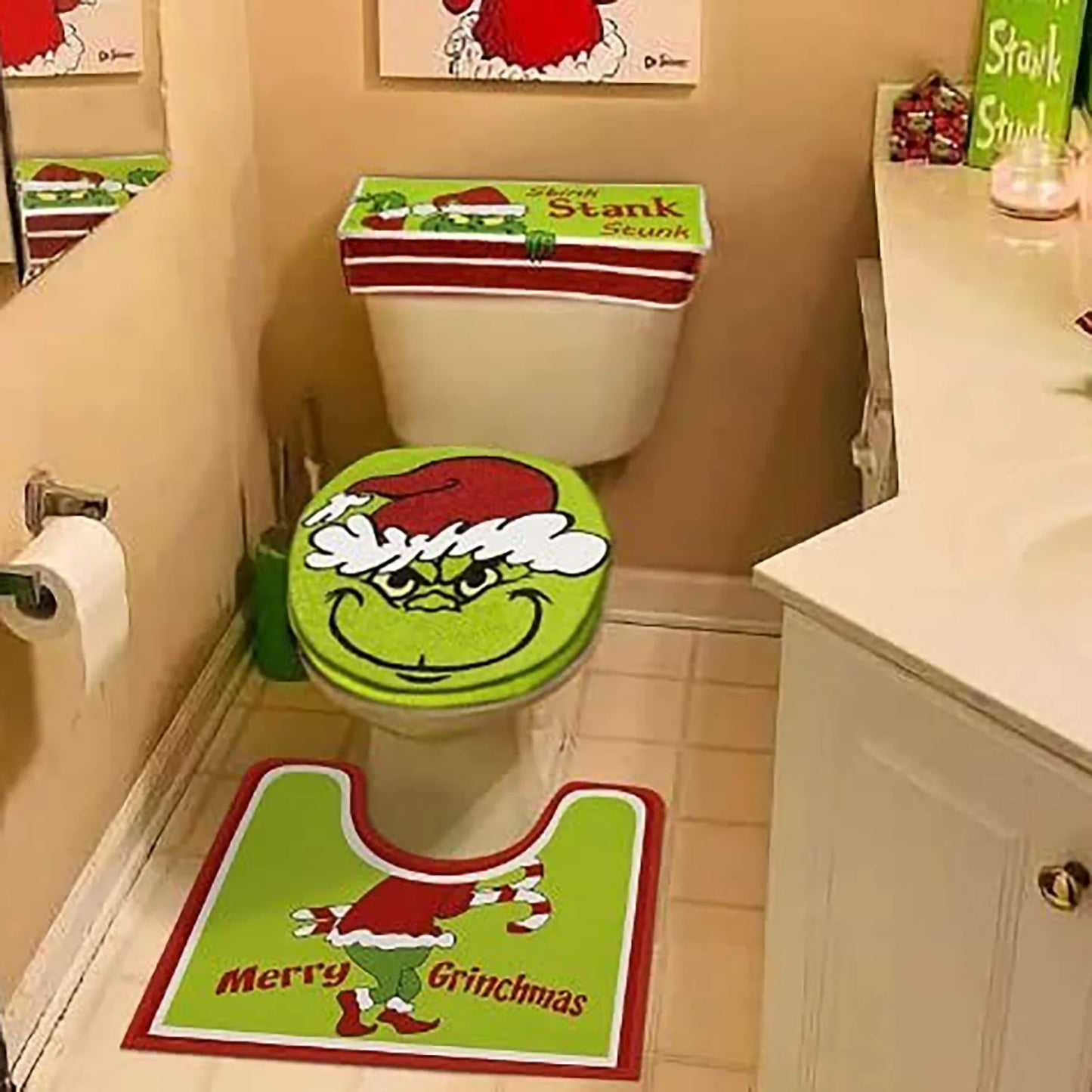 4-Piece Grinch-Themed Bathroom Set – Toilet Seat Cover, Tank Cover, U-Shaped Rug, and Foot Pad for Festive Bathroom Decor