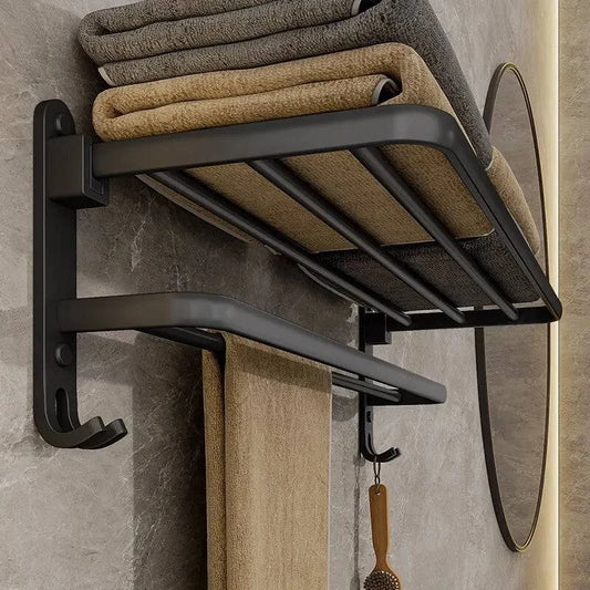 Modern Wall-Mounted Foldable Matte Black Aluminum Towel Rack with Dual Bars and Hook - Ideal for bathrooms, kitchens, and balconies - 50cm - Home Fads