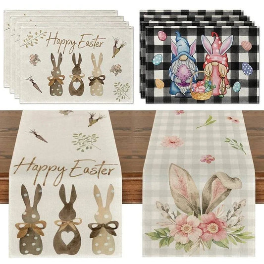 Easter Linen Table Runner - Festive Eggs and Bunny Designs - Dining Table Cloth &amp; Placemat for Kitchen and Spring Home Decor - Home Fads