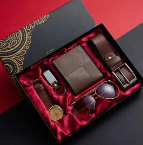 Men’s Quartz Watch 6-in-1 Gift Set – Large Dial, Leather Belt, Wallet, Glasses, Pen, and Keychain - Home Fads 