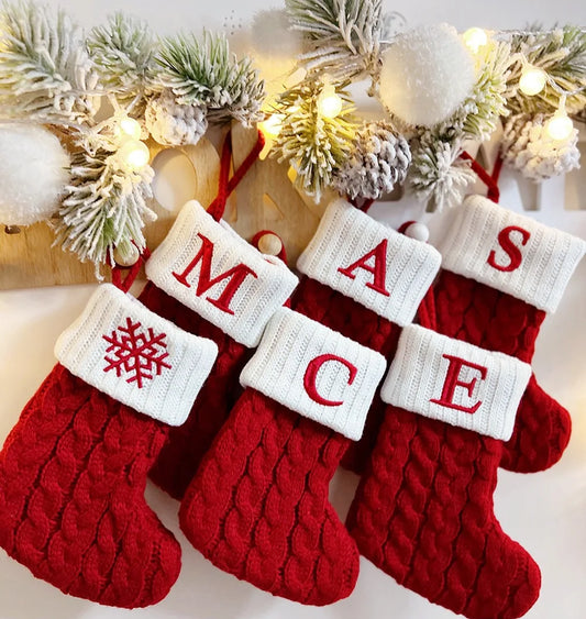 Knitted Holiday Stocking with Snowflake, Alphabet, Bear Paw, and Footprint Designs – Decorative Stocking for Tree or Home