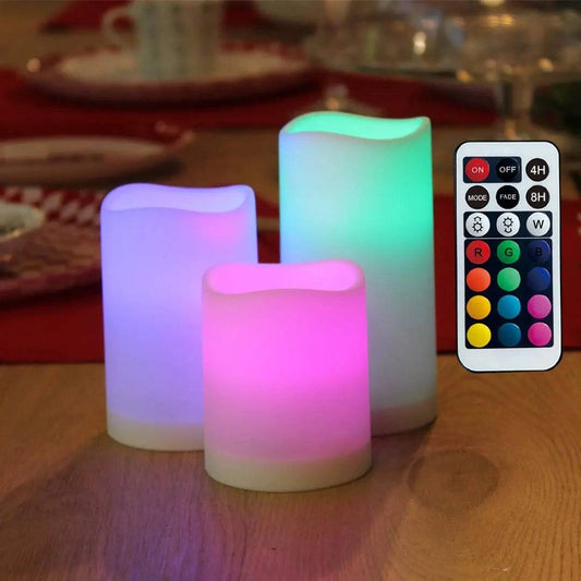 Set of 3 LED Color Changing Flameless Candles - Remote Controlled Timer - Battery Operated Pillar Candles for Home, Wedding, Parties - Home Fads 