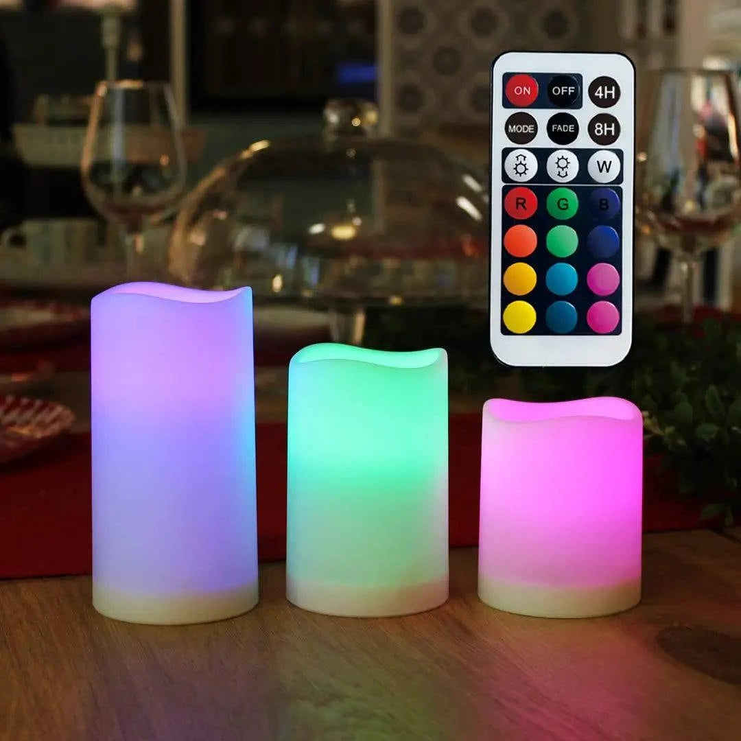 Set of 3 LED Color Changing Flameless Candles - Remote Controlled Timer - Battery Operated Pillar Candles for Home, Wedding, Parties - Home Fads 