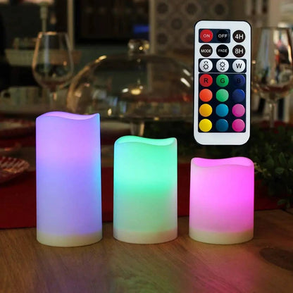 Set of 3 LED Color Changing Flameless Candles - Remote Controlled Timer - Battery Operated Pillar Candles for Home, Wedding, Parties - Home Fads 