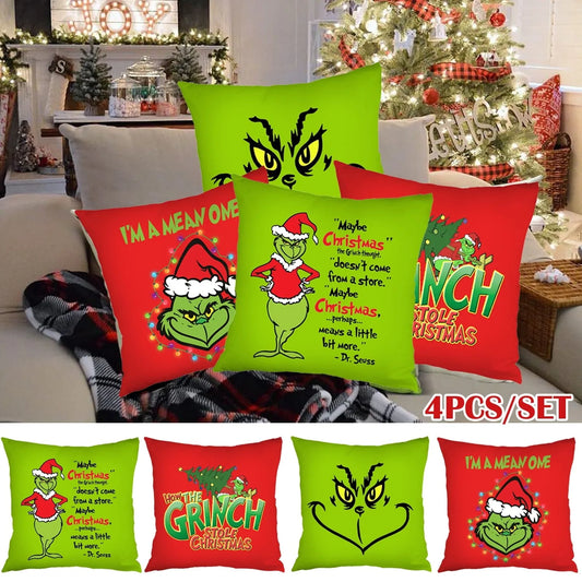 Set of 4 Holiday Pillow Covers 45x45cm – Festive Decorative Pillowcases with Grinch-Inspired Character for Sofa or Couch Decor - Home Fads 