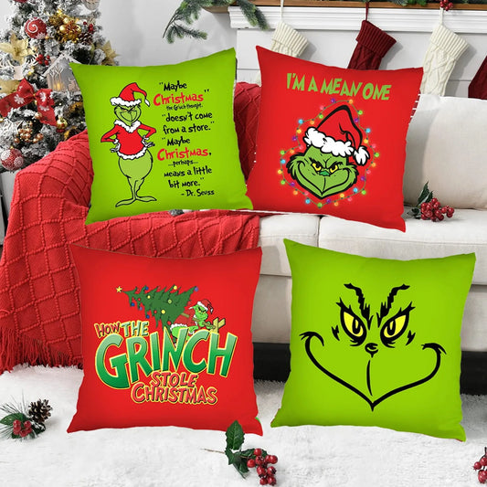 Set of 4 Holiday Pillow Covers 45x45cm – Festive Decorative Pillowcases with Grinch-Inspired Character for Sofa or Couch Decor - Home Fads 