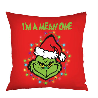 Set of 4 Holiday Pillow Covers 45x45cm – Festive Decorative Pillowcases with Grinch-Inspired Character for Sofa or Couch Decor - Home Fads 