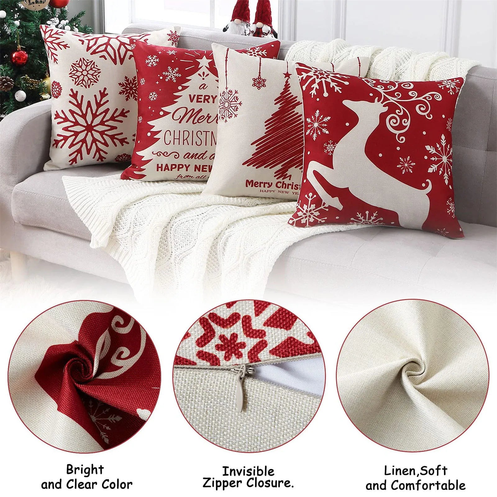 Set of 4 Holiday-Themed Decorative Cushion Covers – Seasonal Throw Pillow Cases for Sofa, Living Room, and Home Décor - Home Fads 