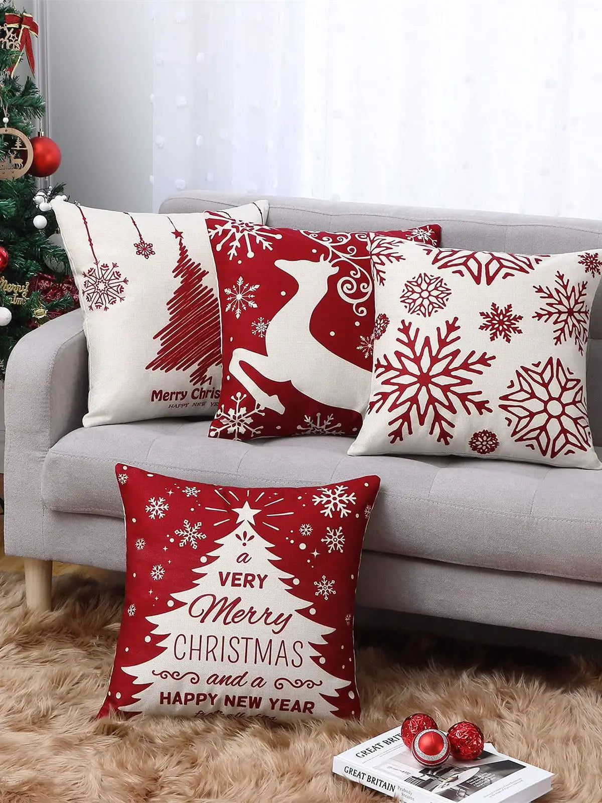 Set of 4 Holiday-Themed Decorative Cushion Covers – Seasonal Throw Pillow Cases for Sofa, Living Room, and Home Décor - Home Fads 