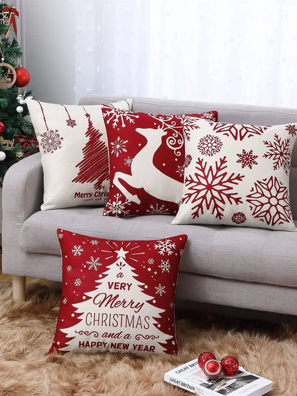 Set of 4 Holiday-Themed Decorative Cushion Covers – Seasonal Throw Pillow Cases for Sofa, Living Room, and Home Décor - Home Fads 