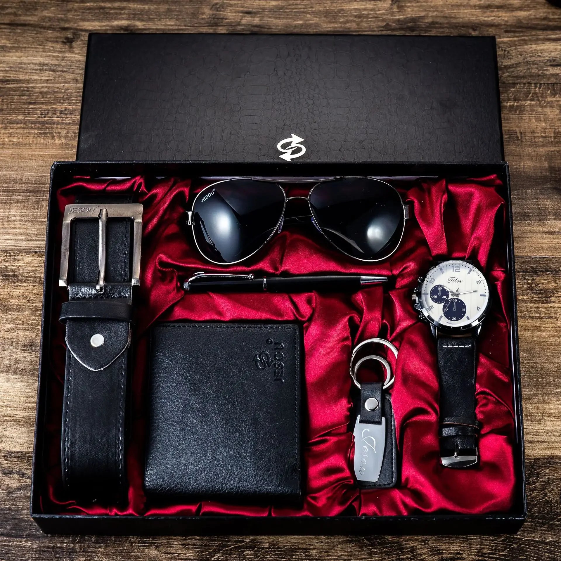 Men’s Quartz Watch 6-in-1 Gift Set – Large Dial, Leather Belt, Wallet, Glasses, Pen, and Keychain - Home Fads 