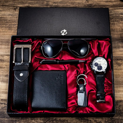 Juego de regalo empresarial de lujo para hombres: reloj, gafas, bolígrafo, llavero, cinturón y billetera 6 en 1: regalo ideal para el Día del Padre, cumpleaños y Navidad