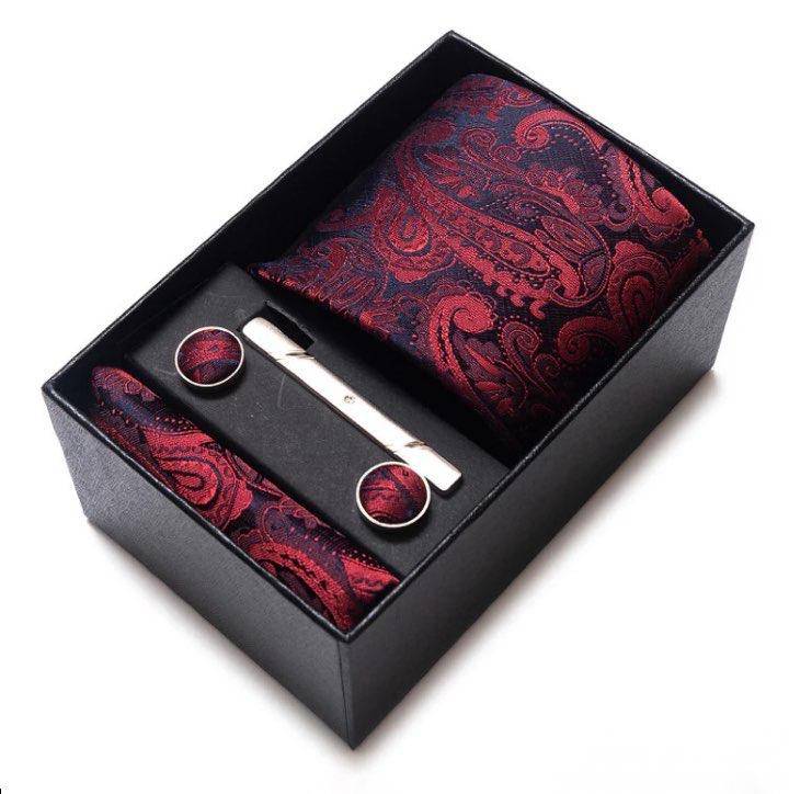 Sophisticated Silk Neckwear Ensemble for Men: Complete Set with Tie, Handkerchief, Cufflinks, and Tie Clips in Gift Box - Ideal Father's Day Gift - Home Fads