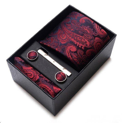 Sophisticated Silk Neckwear Ensemble for Men: Complete Set with Tie, Handkerchief, Cufflinks, and Tie Clips in Gift Box - Ideal Father's Day Gift - Home Fads