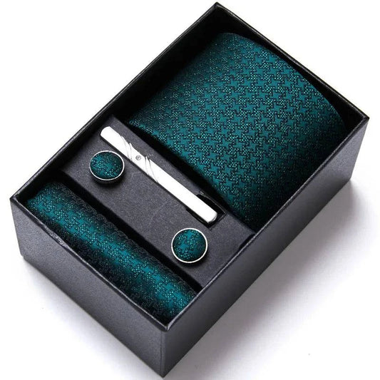 Sophisticated Silk Necktie Ensemble for Men: Complete Set with Necktie, Handkerchief, Cufflinks, and Tie Clips in Gift Box – Perfect Father's Day Gift - Home Fads 