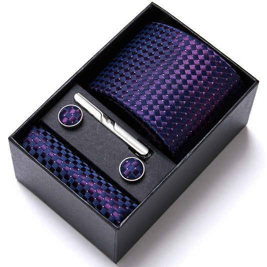 Sophisticated Silk Necktie Ensemble for Men: Complete Set with Necktie, Handkerchief, Cufflinks, and Tie Clips in Gift Box – Perfect Father's Day Gift - Home Fads 