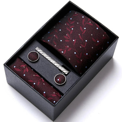 Sophisticated Silk Necktie Ensemble for Men: Complete Set with Necktie, Handkerchief, Cufflinks, and Tie Clips in Gift Box – Perfect Father's Day Gift - Home Fads 