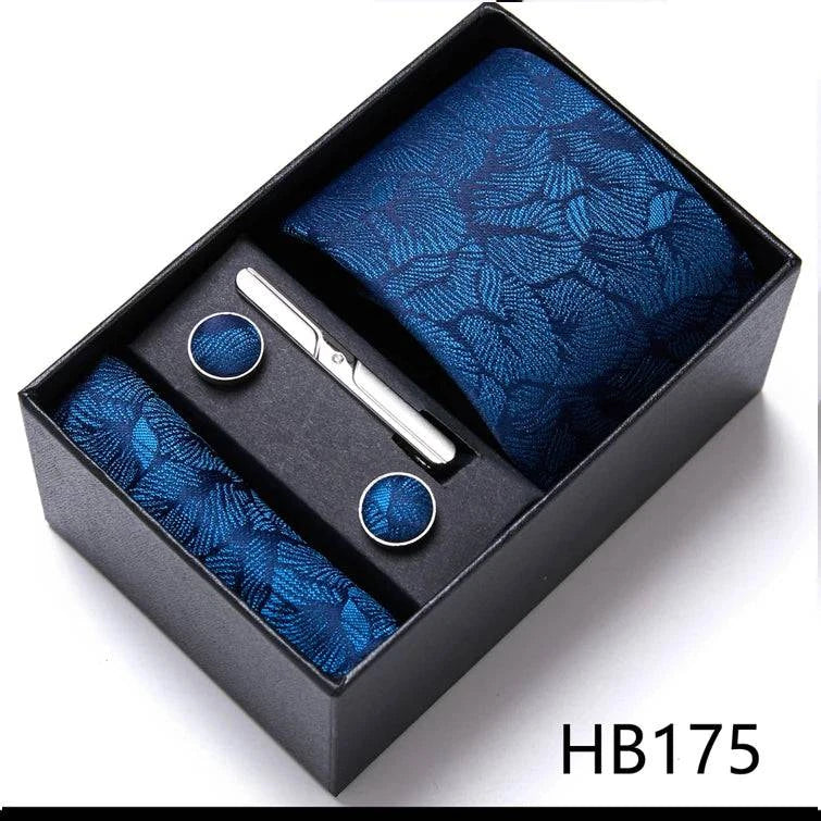 Sophisticated Silk Necktie Ensemble for Men: Complete Set with Necktie, Handkerchief, Cufflinks, and Tie Clips in Gift Box – Perfect Father's Day Gift - Home Fads 