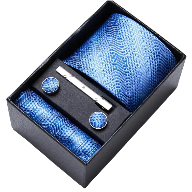 Sophisticated Silk Necktie Ensemble for Men: Complete Set with Necktie, Handkerchief, Cufflinks, and Tie Clips in Gift Box – Perfect Father's Day Gift - Home Fads 