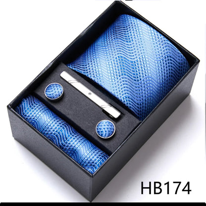 Sophisticated Silk Necktie Ensemble for Men: Complete Set with Necktie, Handkerchief, Cufflinks, and Tie Clips in Gift Box – Perfect Father's Day Gift - Home Fads 