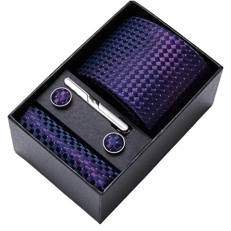 Sophisticated Silk Necktie Ensemble for Men: Complete Set with Necktie, Handkerchief, Cufflinks, and Tie Clips in Gift Box – Perfect Father's Day Gift - Home Fads 