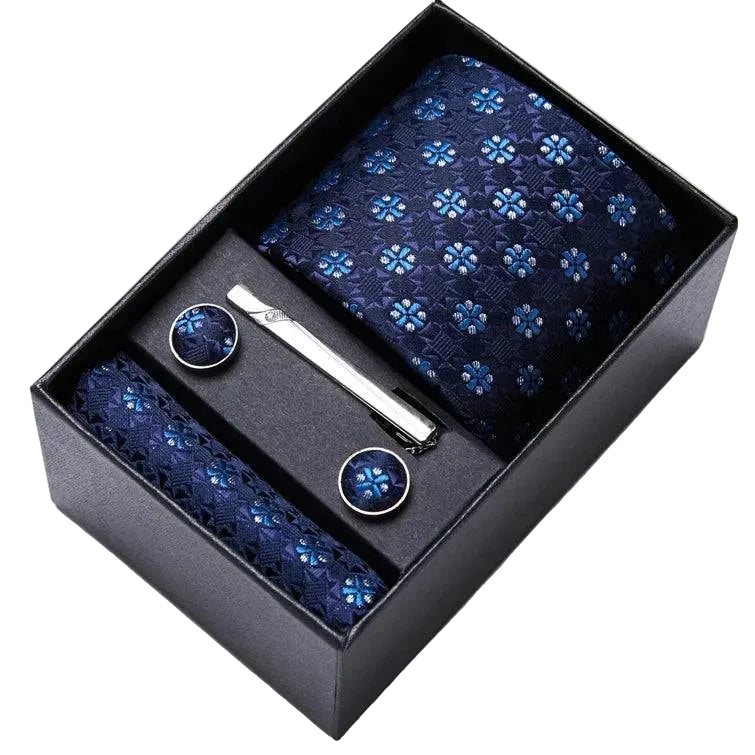 Sophisticated Silk Necktie Ensemble for Men: Complete Set with Necktie, Handkerchief, Cufflinks, and Tie Clips in Gift Box – Perfect Father's Day Gift - Home Fads 