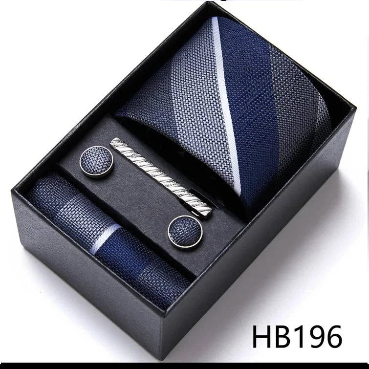 Sophisticated Silk Necktie Ensemble for Men: Complete Set with Necktie, Handkerchief, Cufflinks, and Tie Clips in Gift Box – Perfect Father's Day Gift - Home Fads 