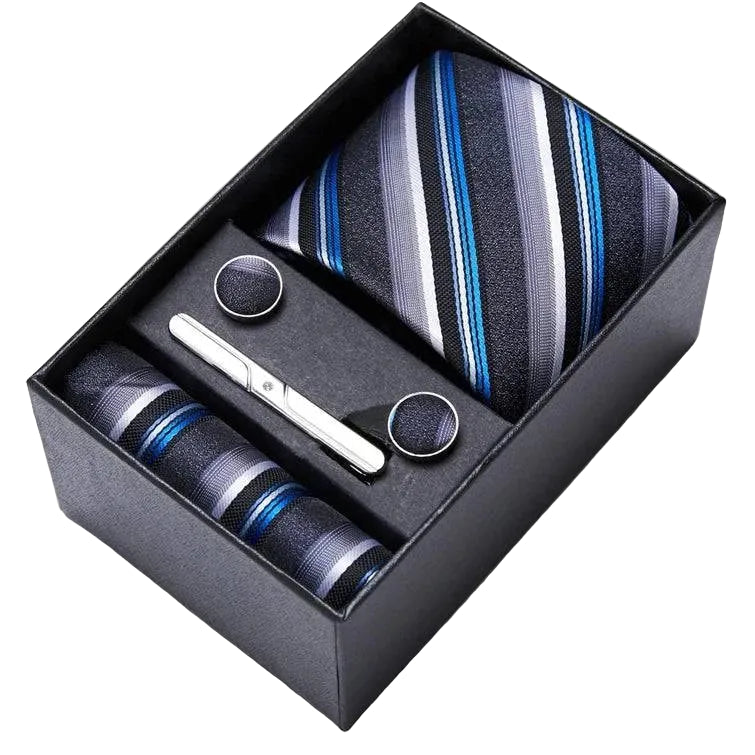 Sophisticated Silk Necktie Ensemble for Men: Complete Set with Necktie, Handkerchief, Cufflinks, and Tie Clips in Gift Box – Perfect Father's Day Gift - Home Fads 