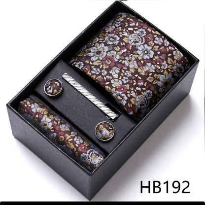Sophisticated Silk Necktie Ensemble for Men: Complete Set with Necktie, Handkerchief, Cufflinks, and Tie Clips in Gift Box – Perfect Father's Day Gift - Home Fads 