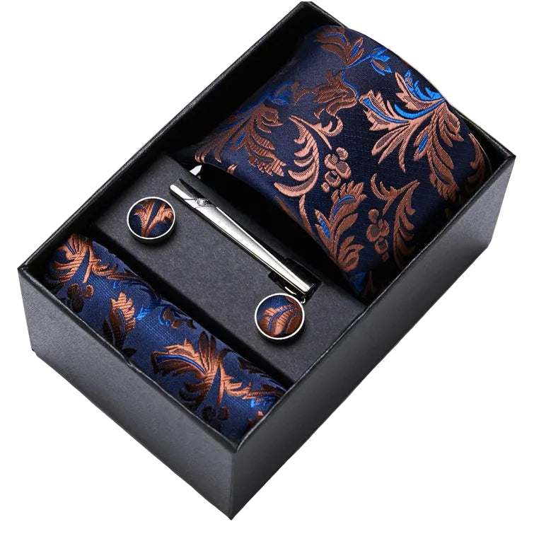 Sophisticated Silk Necktie Ensemble for Men: Complete Set with Necktie, Handkerchief, Cufflinks, and Tie Clips in Gift Box – Perfect Father's Day Gift - Home Fads