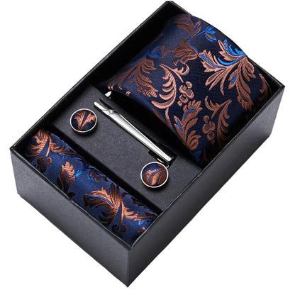 Sophisticated Silk Necktie Ensemble for Men: Complete Set with Necktie, Handkerchief, Cufflinks, and Tie Clips in Gift Box – Perfect Father's Day Gift - Home Fads
