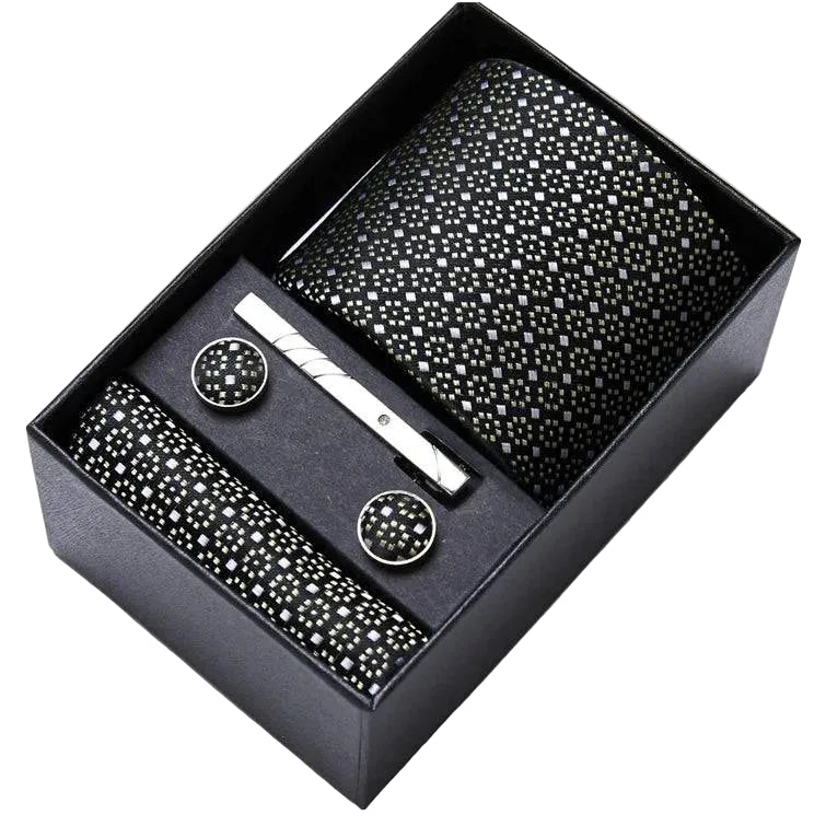 Sophisticated Silk Necktie Ensemble for Men: Complete Set with Necktie, Handkerchief, Cufflinks, and Tie Clips in Gift Box – Perfect Father's Day Gift - Home Fads