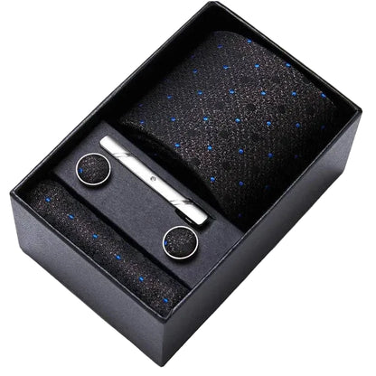 Sophisticated Silk Necktie Ensemble for Men: Complete Set with Necktie, Handkerchief, Cufflinks, and Tie Clips in Gift Box – Perfect Father's Day Gift - Home Fads