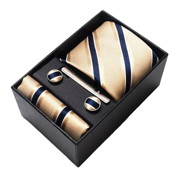 Sophisticated Silk Necktie Ensemble for Men: Complete Set with Necktie, Handkerchief, Cufflinks, and Tie Clips in Gift Box – Perfect Father's Day Gift - Home Fads