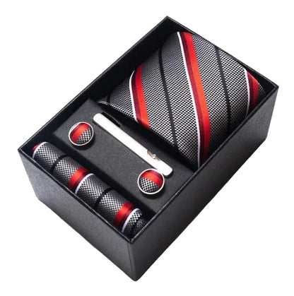 Sophisticated Silk Necktie Ensemble for Men: Complete Set with Necktie, Handkerchief, Cufflinks, and Tie Clips in Gift Box – Perfect Father's Day Gift - Home Fads