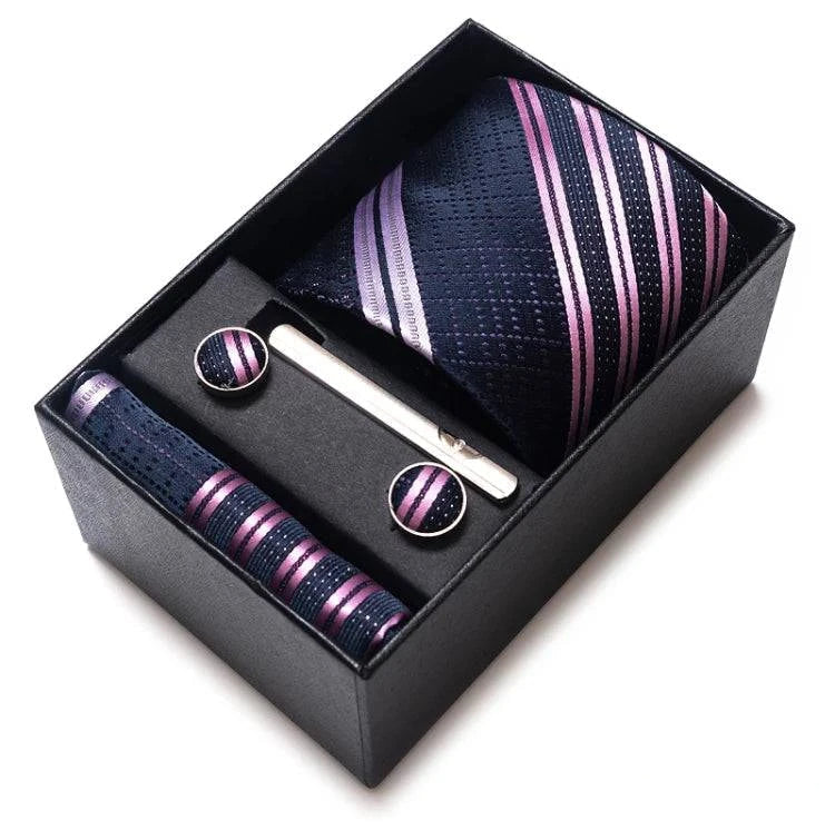 Sophisticated Silk Necktie Ensemble for Men: Complete Set with Necktie, Handkerchief, Cufflinks, and Tie Clips in Gift Box – Perfect Father's Day Gift - Home Fads