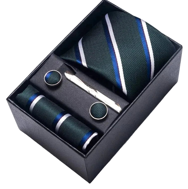 Sophisticated Silk Necktie Ensemble for Men: Complete Set with Necktie, Handkerchief, Cufflinks, and Tie Clips in Gift Box – Perfect Father's Day Gift - Home Fads