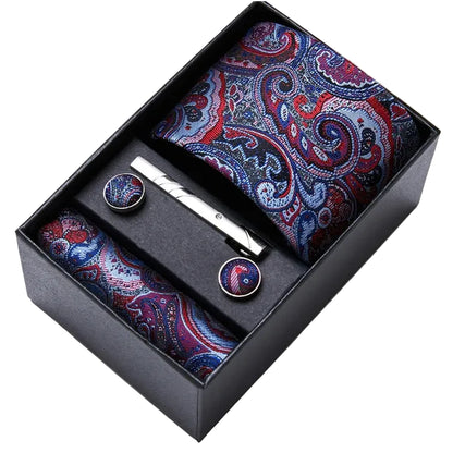 Sophisticated Silk Necktie Ensemble for Men: Complete Set with Necktie, Handkerchief, Cufflinks, and Tie Clips in Gift Box – Perfect Father's Day Gift - Home Fads