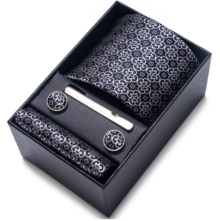 Sophisticated Silk Necktie Ensemble for Men: Complete Set with Necktie, Handkerchief, Cufflinks, and Tie Clips in Gift Box – Perfect Father's Day Gift - Home Fads