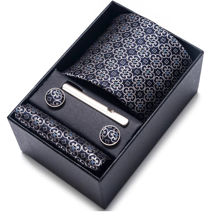 Sophisticated Silk Necktie Ensemble for Men: Complete Set with Necktie, Handkerchief, Cufflinks, and Tie Clips in Gift Box – Perfect Father's Day Gift - Home Fads