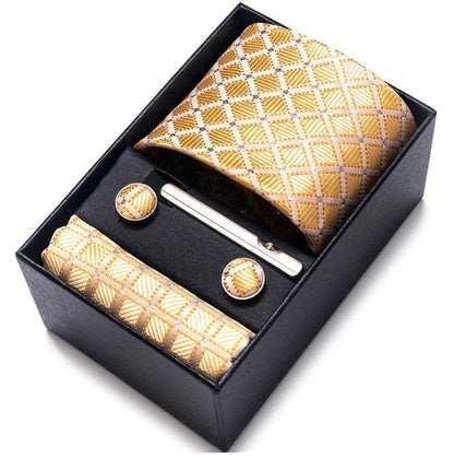 Sophisticated Silk Necktie Ensemble for Men: Complete Set with Necktie, Handkerchief, Cufflinks, and Tie Clips in Gift Box – Perfect Father's Day Gift - Home Fads