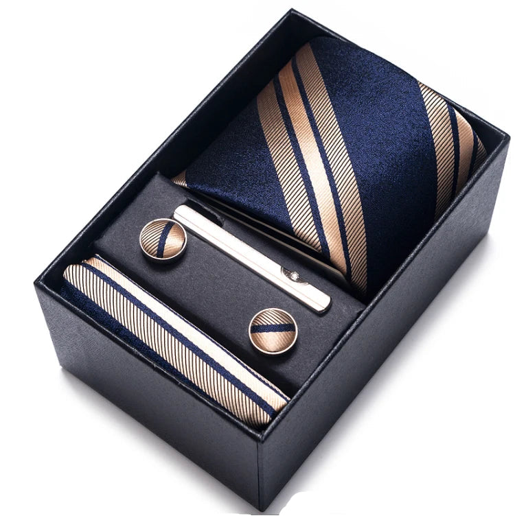 Sophisticated Silk Necktie Ensemble for Men: Complete Set with Necktie, Handkerchief, Cufflinks, and Tie Clips in Gift Box – Perfect Father's Day Gift - Home Fads