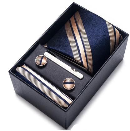 Sophisticated Silk Necktie Ensemble for Men: Complete Set with Necktie, Handkerchief, Cufflinks, and Tie Clips in Gift Box – Perfect Father's Day Gift - Home Fads