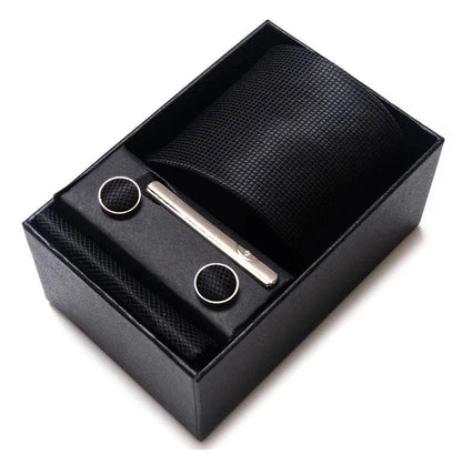 Sophisticated Silk Necktie Ensemble for Men: Complete Set with Necktie, Handkerchief, Cufflinks, and Tie Clips in Gift Box – Perfect Father's Day Gift - Home Fads