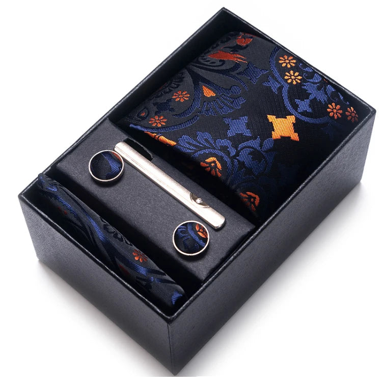 Sophisticated Silk Necktie Ensemble for Men: Complete Set with Necktie, Handkerchief, Cufflinks, and Tie Clips in Gift Box – Perfect Father's Day Gift - Home Fads