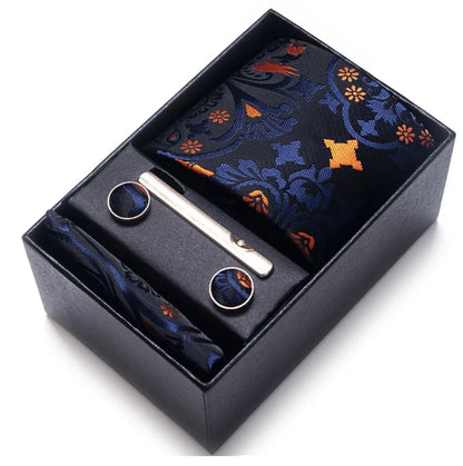 Sophisticated Silk Necktie Ensemble for Men: Complete Set with Necktie, Handkerchief, Cufflinks, and Tie Clips in Gift Box – Perfect Father's Day Gift - Home Fads