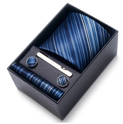 Sophisticated Silk Necktie Ensemble for Men: Complete Set with Necktie, Handkerchief, Cufflinks, and Tie Clips in Gift Box – Perfect Father's Day Gift - Home Fads