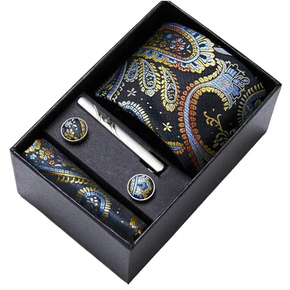 Sophisticated Silk Necktie Ensemble for Men: Complete Set with Necktie, Handkerchief, Cufflinks, and Tie Clips in Gift Box – Perfect Father's Day Gift - Home Fads
