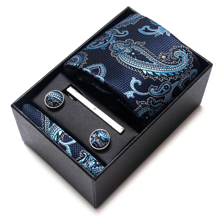 Sophisticated Silk Necktie Ensemble for Men: Complete Set with Necktie, Handkerchief, Cufflinks, and Tie Clips in Gift Box – Perfect Father's Day Gift - Home Fads